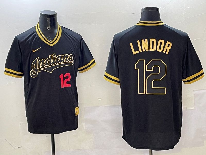 Men Cleveland Indians #12 Lindor Black Gold Game 2025 Nike MLB Jersey style 4